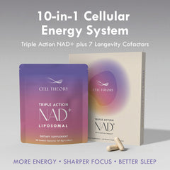 Cell Theory Liposomal NAD+ supplement in a bottle, highlighting high absorption formula with triple strength for cellular support.