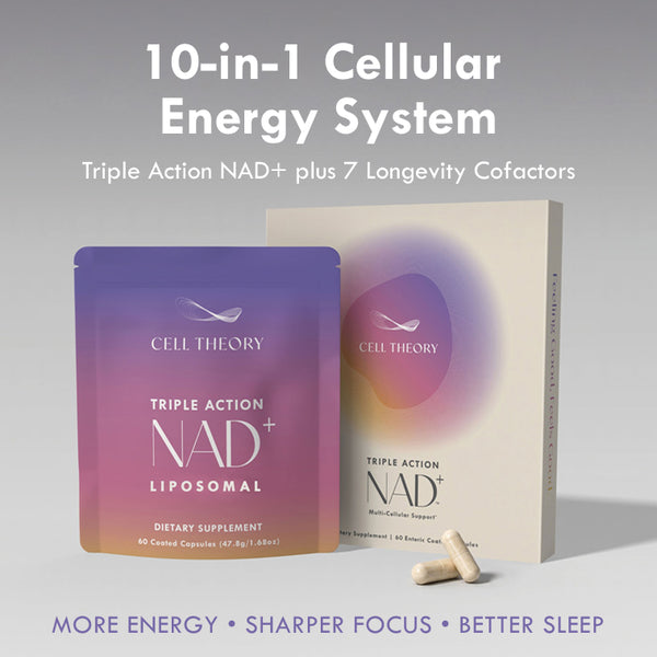 Cell Theory Liposomal NAD+ supplement in a bottle, highlighting high absorption formula with triple strength for cellular support.